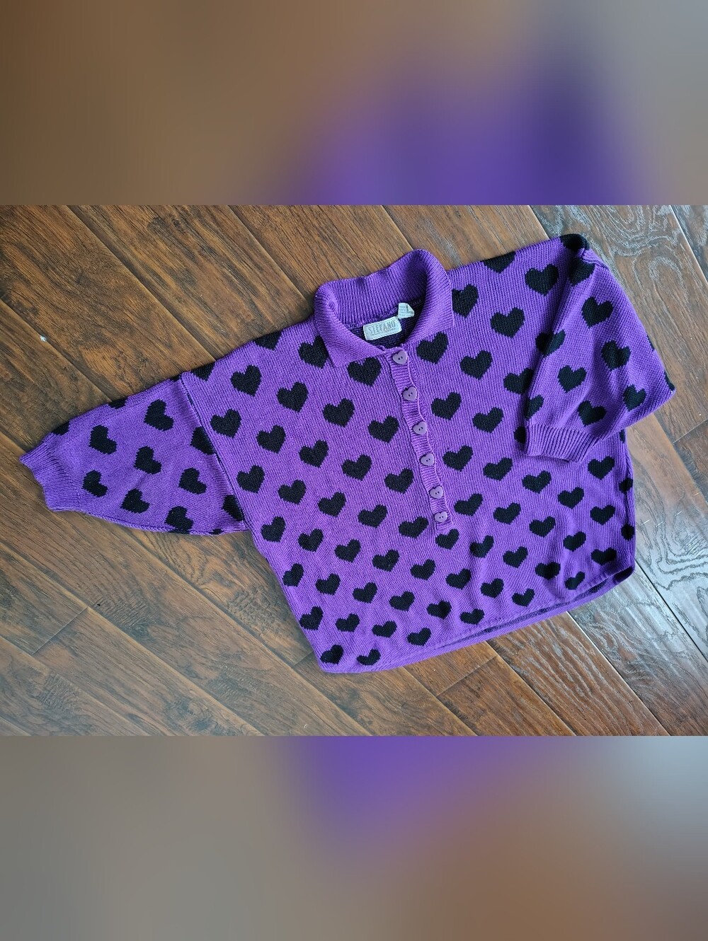 Vintage 90s Stefano purple and black hearts knit sweater Size 2X